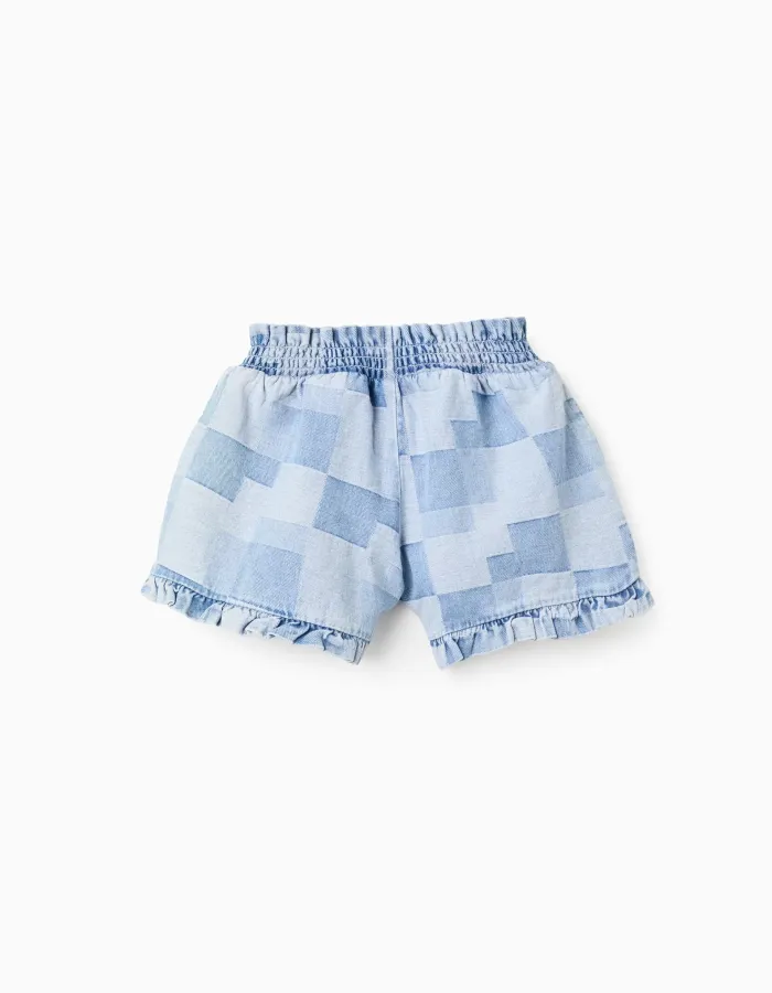 Denim shorts with checkered pattern and ruffles for girls, blue