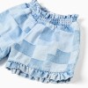Denim shorts with checkered pattern and ruffles for girls, blue