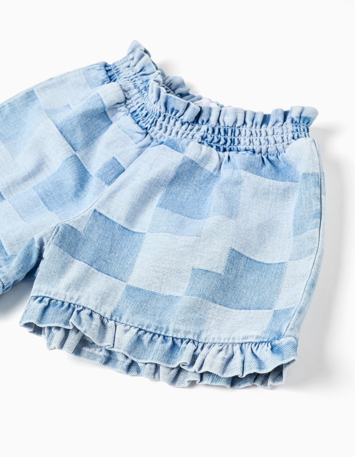 Denim shorts with checkered pattern and ruffles for girls, blue