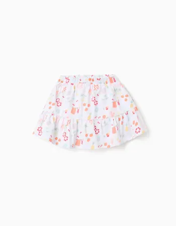 Cotton skort with beach motif and elastic waist for girls, white