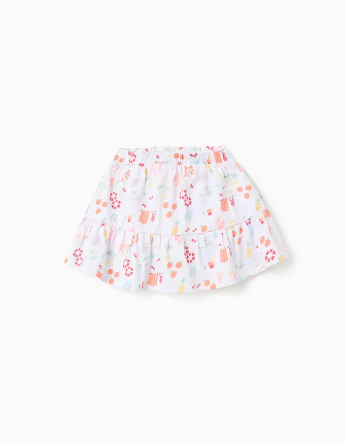 Cotton skort with beach motif and elastic waist for girls, white
