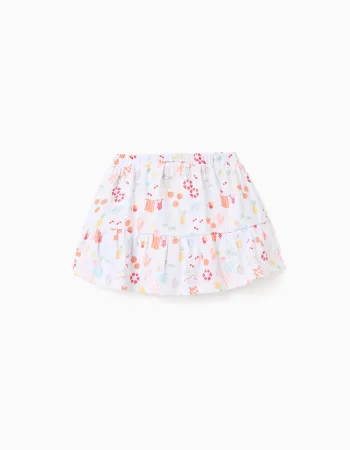 Cotton skort with beach motif and elastic waist for girls, white