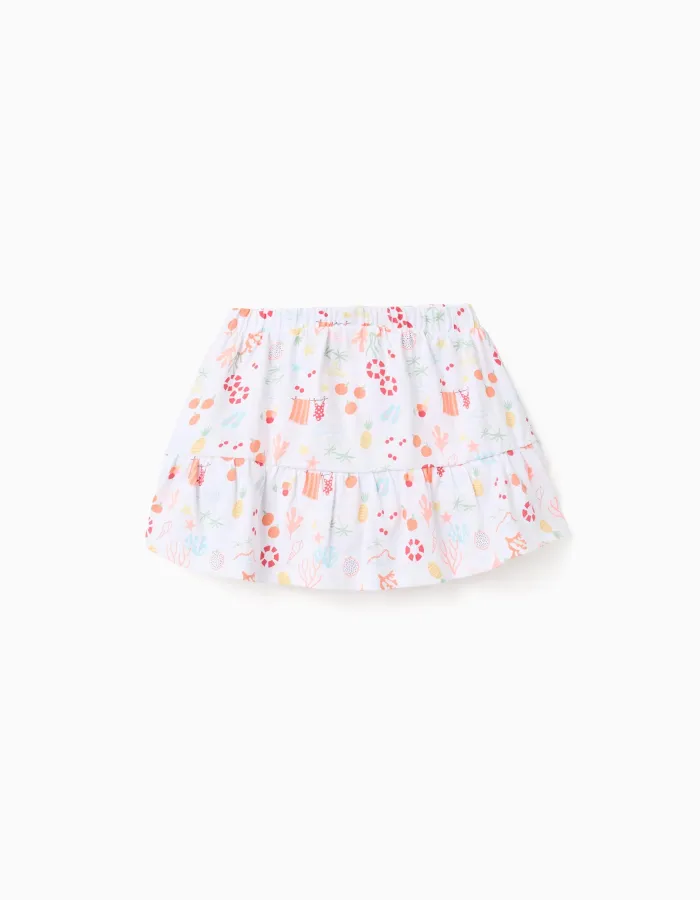 Cotton skort with beach motif and elastic waist for girls, white
