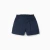 Poplin shorts with paperbag waistband and pleats for girls, dark blue