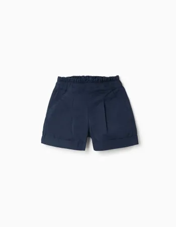 Poplin shorts with paperbag waistband and pleats for girls, dark blue