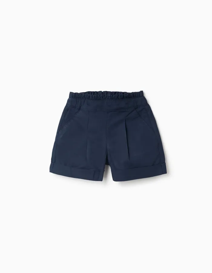 Poplin shorts with paperbag waistband and pleats for girls, dark blue
