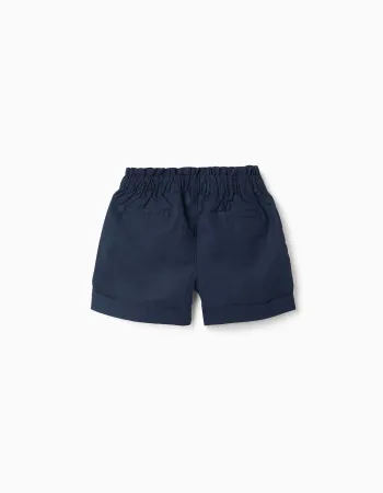 Poplin shorts with paperbag waistband and pleats for girls, dark blue