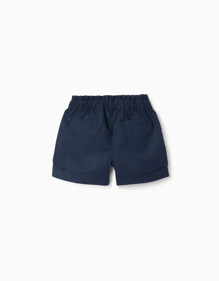 Poplin shorts with paperbag waistband and pleats for girls, dark blue