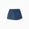 Denim skort with front pleats for girls, dark blue