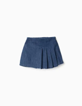 Denim skort with front pleats for girls, dark blue