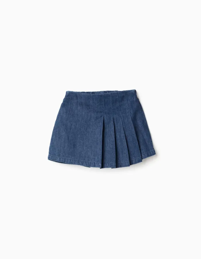 Denim skort with front pleats for girls, dark blue