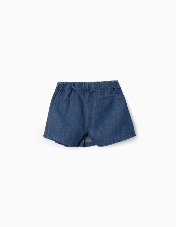 Denim skort with front pleats for girls, dark blue