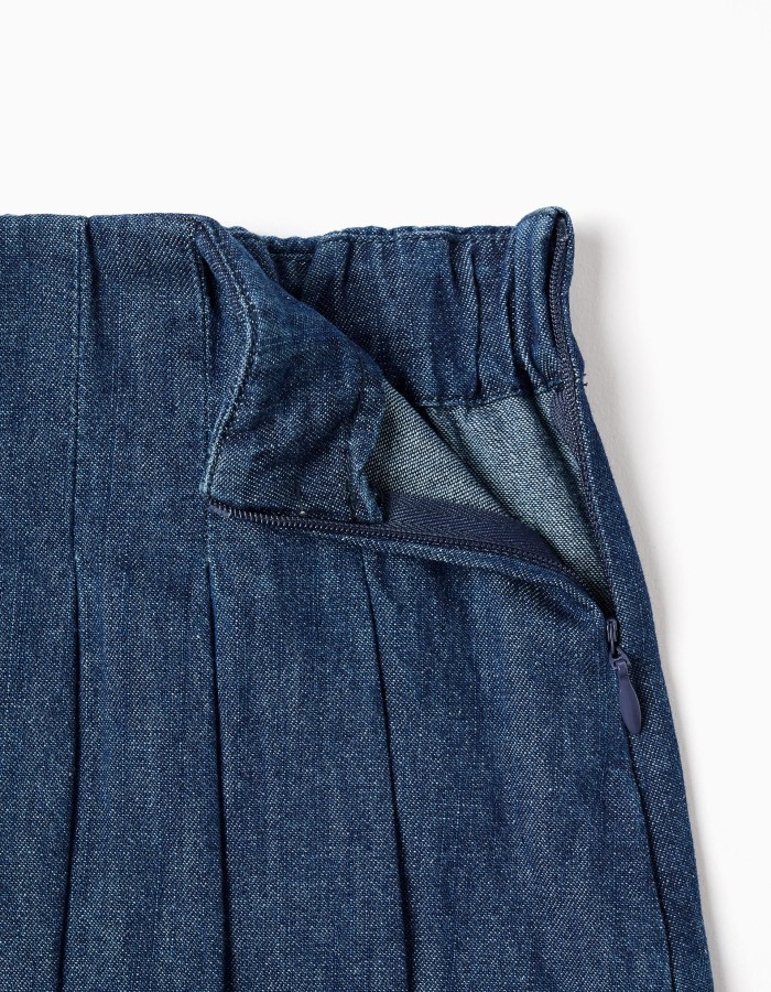 Denim skort with front pleats for girls, dark blue