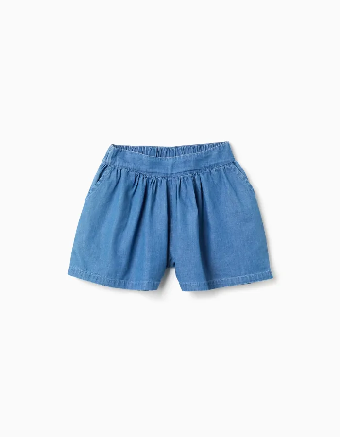 Denim shorts with elastic waist and pockets for girls, blue