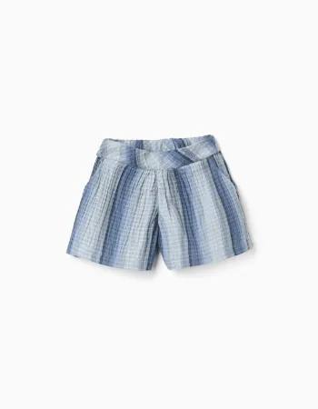 Striped cotton shorts with elastic waistband for girls, blue