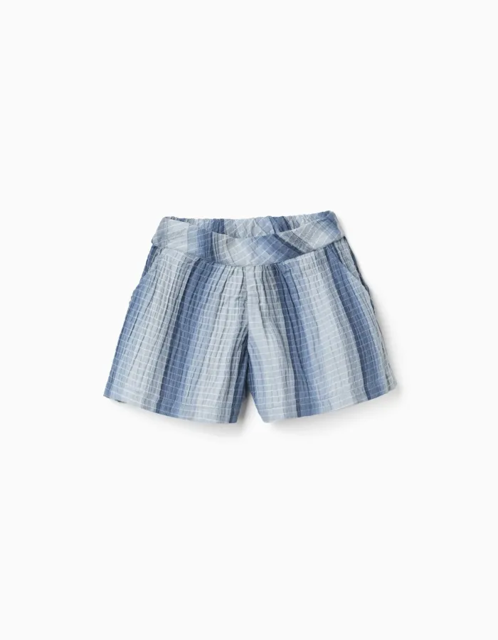 Striped cotton shorts with elastic waistband for girls, blue