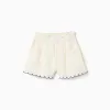 Shorts in cotton and linen with paperbag waist for girls, light beige