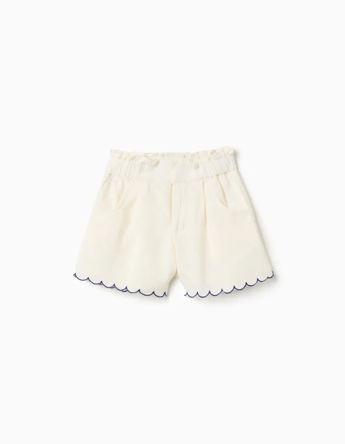 Shorts in cotton and linen with paperbag waist for girls, light beige
