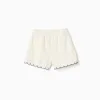 Shorts in cotton and linen with paperbag waist for girls, light beige