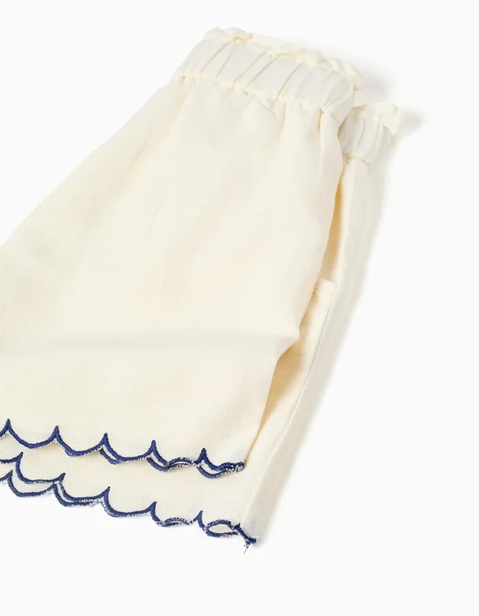 Shorts in cotton and linen with paperbag waist for girls, light beige