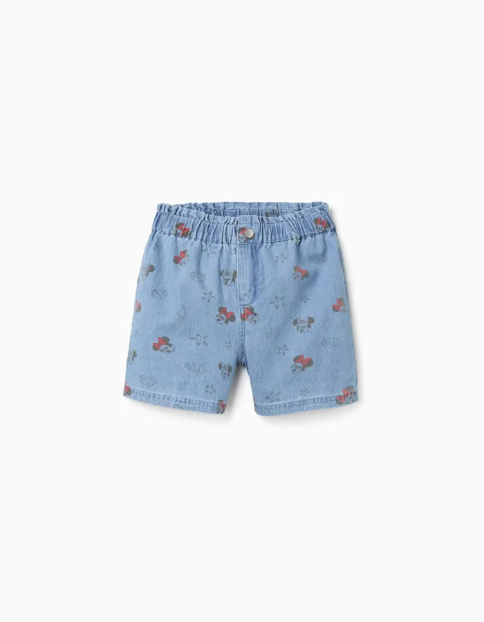 Denim shorts with Minnie and elasticated waist for girls, light blue