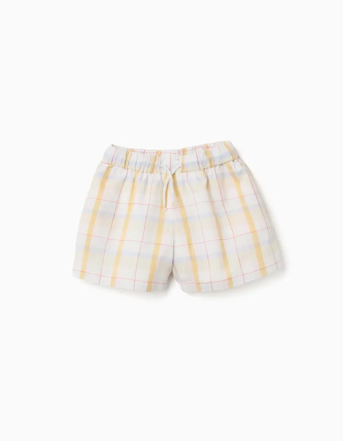 Checked cotton shorts with drawstring B&S for girls, white/yellow/blue/red