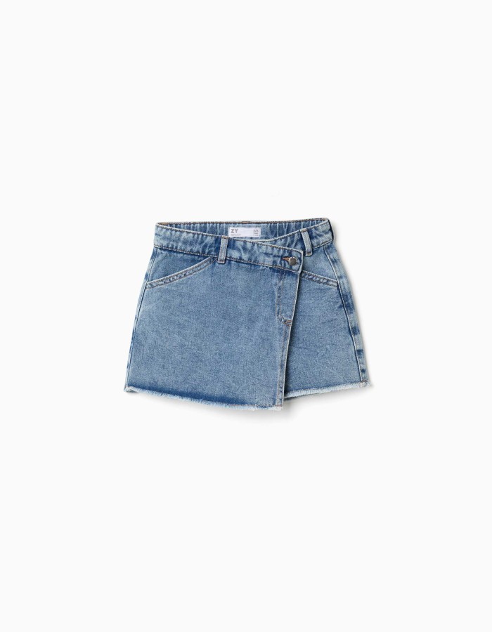Denim skort with asymmetrical front closure for girls, blue
