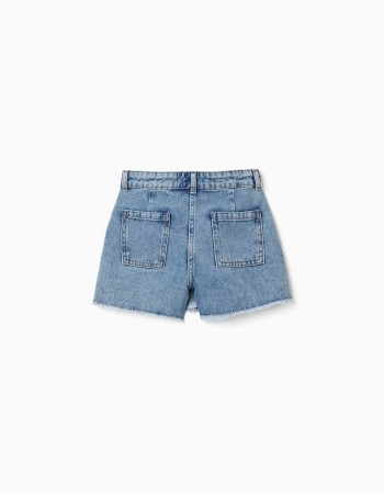 Denim skort with asymmetrical front closure for girls, blue