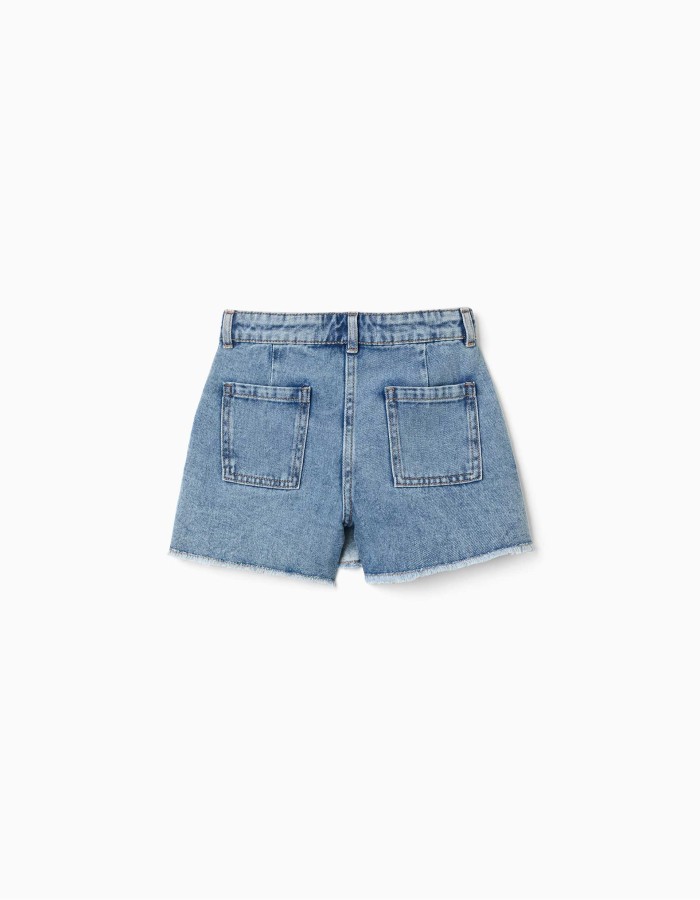 Denim skort with asymmetrical front closure for girls, blue