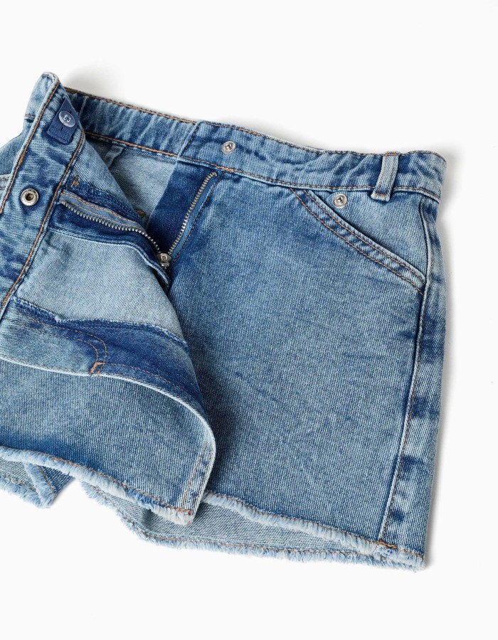 Denim skort with asymmetrical front closure for girls, blue