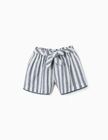Striped cotton and linen shorts with belt You&Me for girls, white/blue