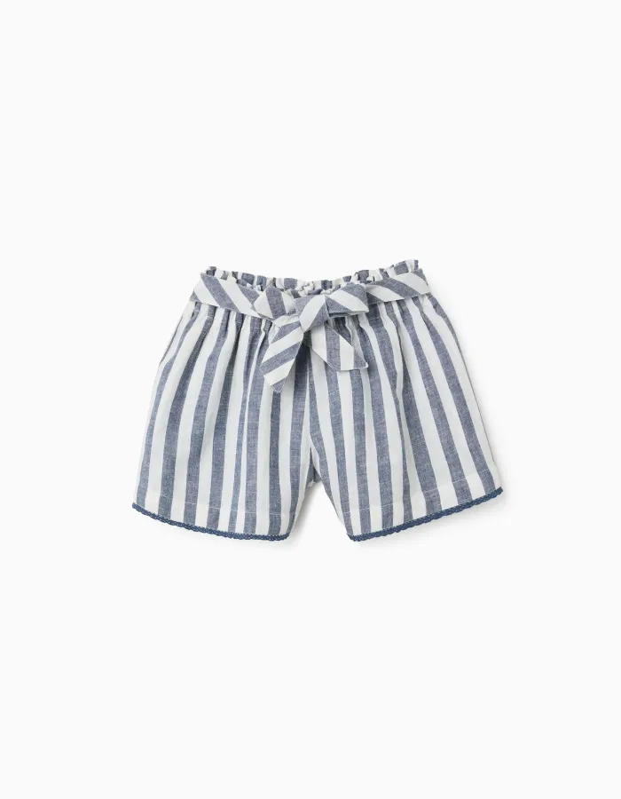 Striped cotton and linen shorts with belt You&Me for girls, white/blue