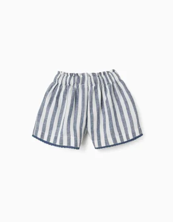 Striped cotton and linen shorts with belt You&Me for girls, white/blue
