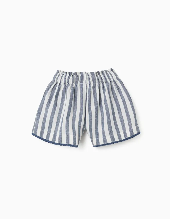 Striped cotton and linen shorts with belt You&Me for girls, white/blue