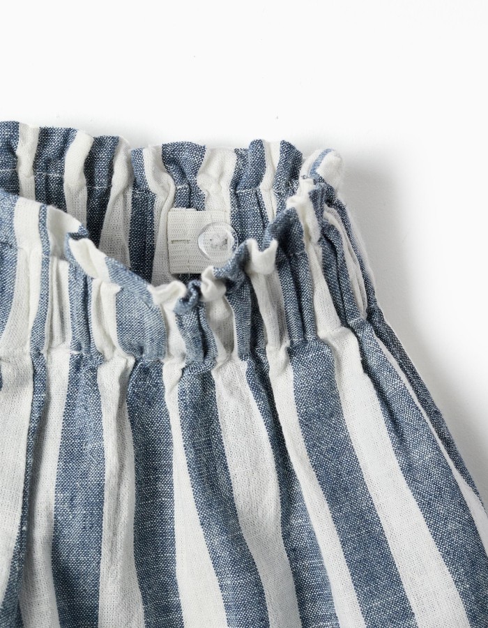 Striped cotton and linen shorts with belt You&Me for girls, white/blue