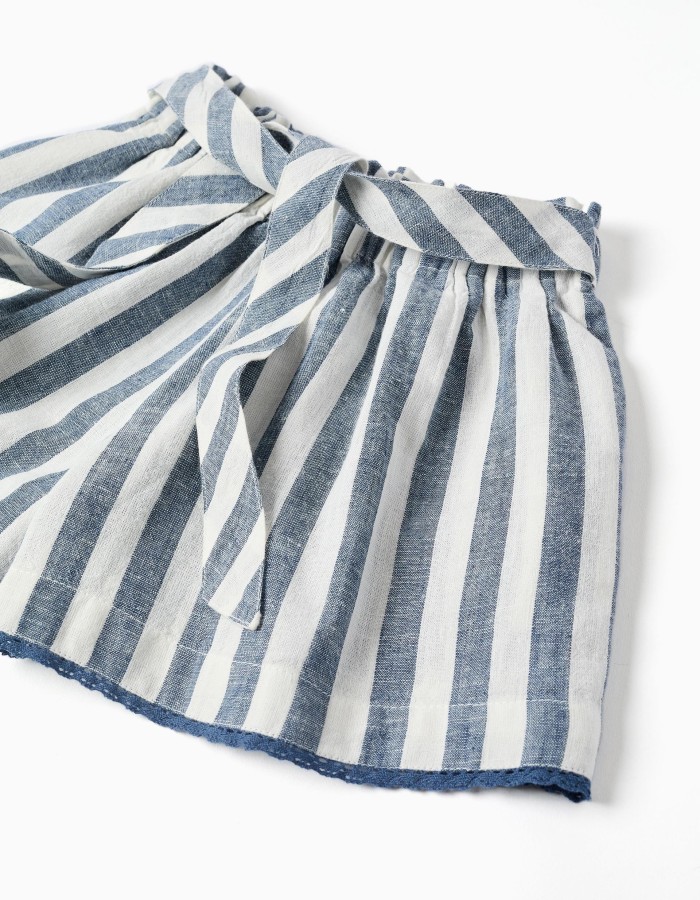 Striped cotton and linen shorts with belt You&Me for girls, white/blue