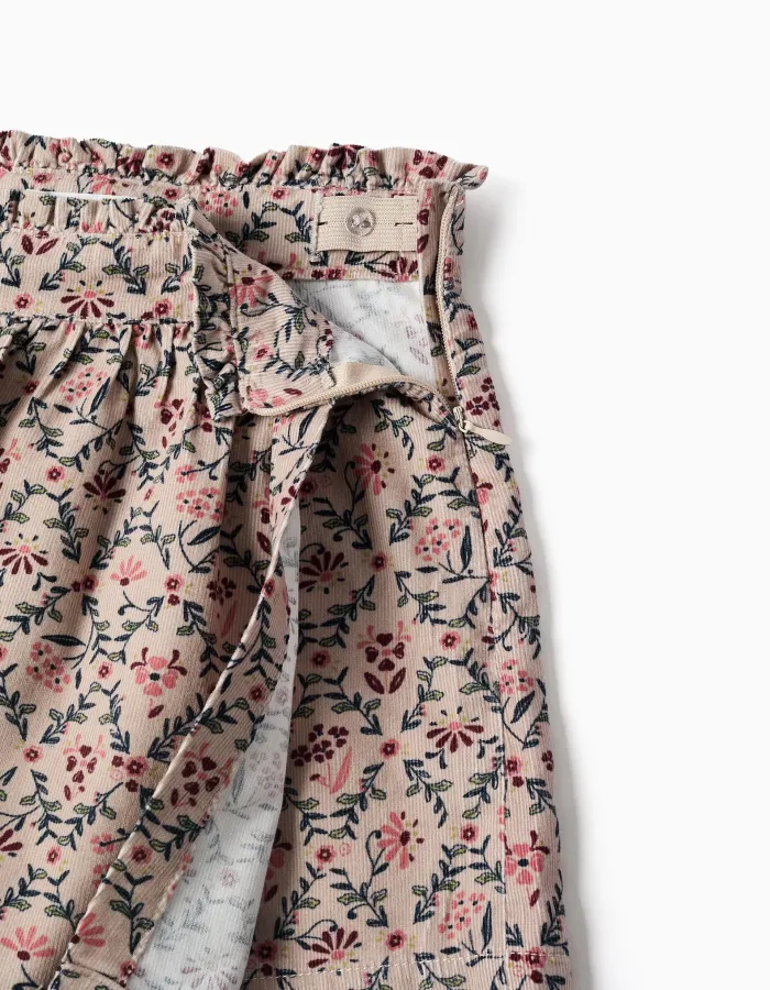 Corduroy skort with floral pattern for girls, beige