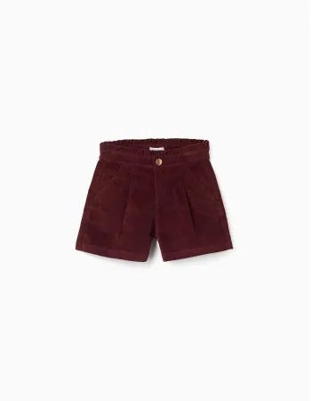 Corduroy shorts with ruffled paperbag waist for girls, burgundy
