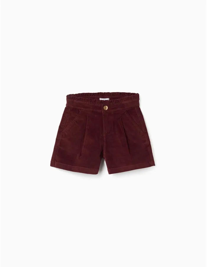 Corduroy shorts with ruffled paperbag waist for girls, burgundy