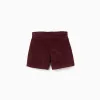 Corduroy shorts with ruffled paperbag waist for girls, burgundy
