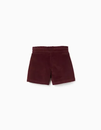 Corduroy shorts with ruffled paperbag waist for girls, burgundy