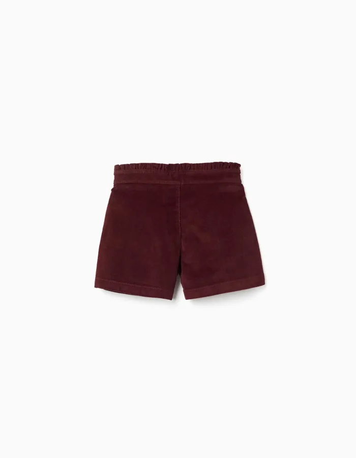 Corduroy shorts with ruffled paperbag waist for girls, burgundy