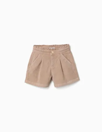 Corduroy shorts with ruffled paperbag waist for girls, beige
