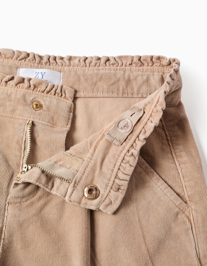 Corduroy shorts with ruffled paperbag waist for girls, beige