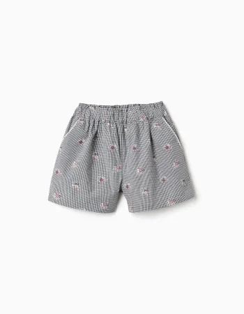 Cotton gingham shorts with floral print for girls, white/navy blue