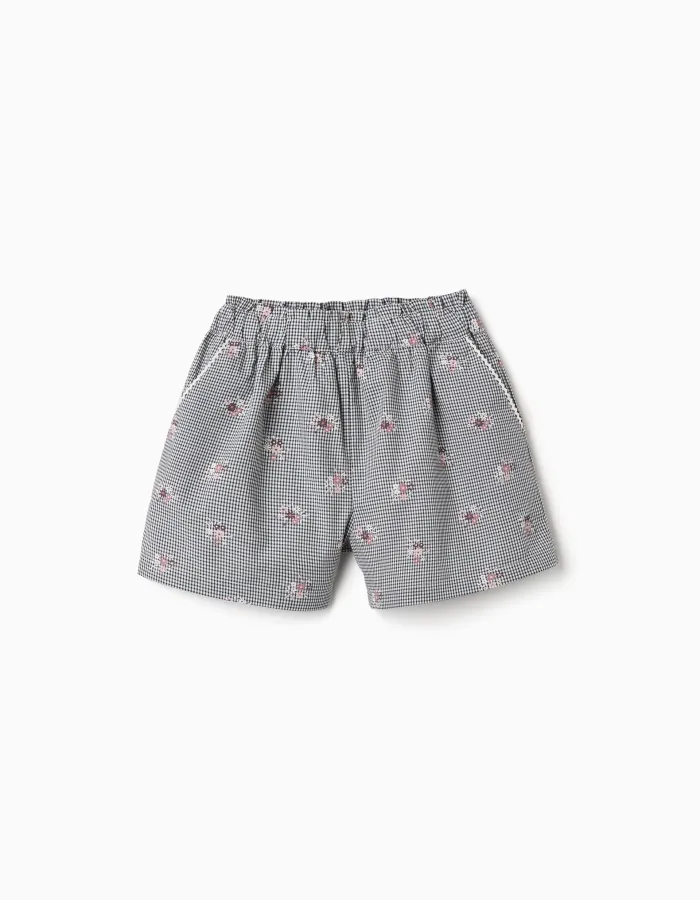 Cotton gingham shorts with floral print for girls, white/navy blue