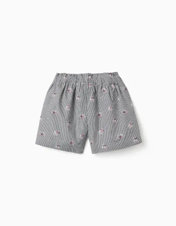Cotton gingham shorts with floral print for girls, white/navy blue