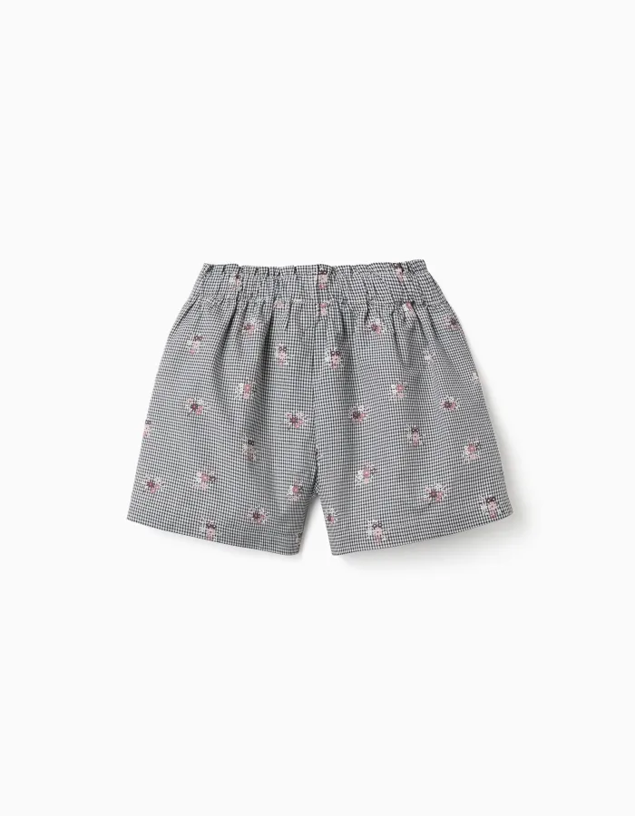 Cotton gingham shorts with floral print for girls, white/navy blue