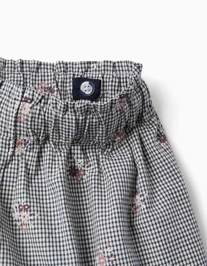 Cotton gingham shorts with floral print for girls, white/navy blue