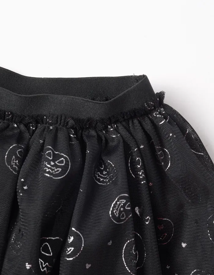 Layered tulle skirt with glittering pumpkin motif for girls, black